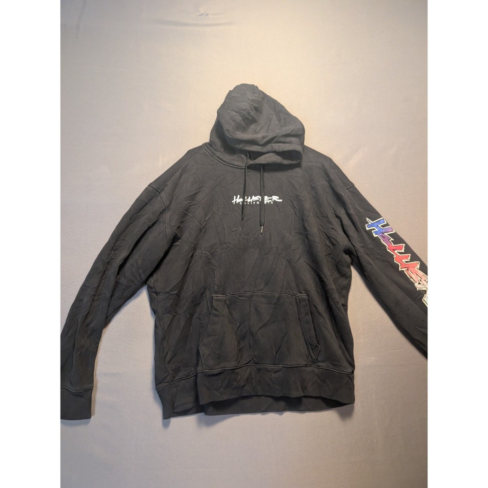 Hollister Hoodie Men's XL Black Graphic Fleece Lined Kangaroo Pockets Drawstring